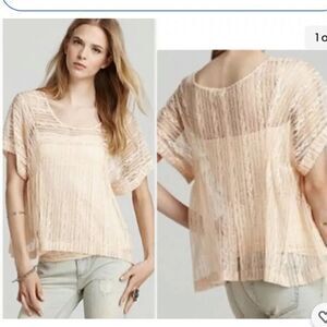 Free People Beige Boxy lace tee shirt top M